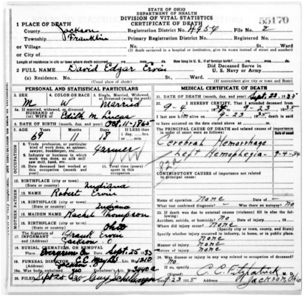 David Edgar Ervin (b-Oct 11, 1865 Indiana, d-Sept 23, 1935 Jackson, OH ...